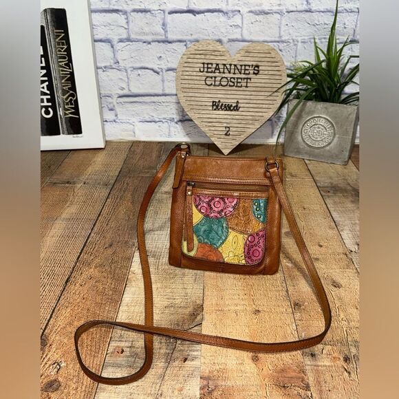 Fossil Crossbody Handbag Patchwork Studded Flower Pebbled Leather Purse Brown - Picture 3 of 11